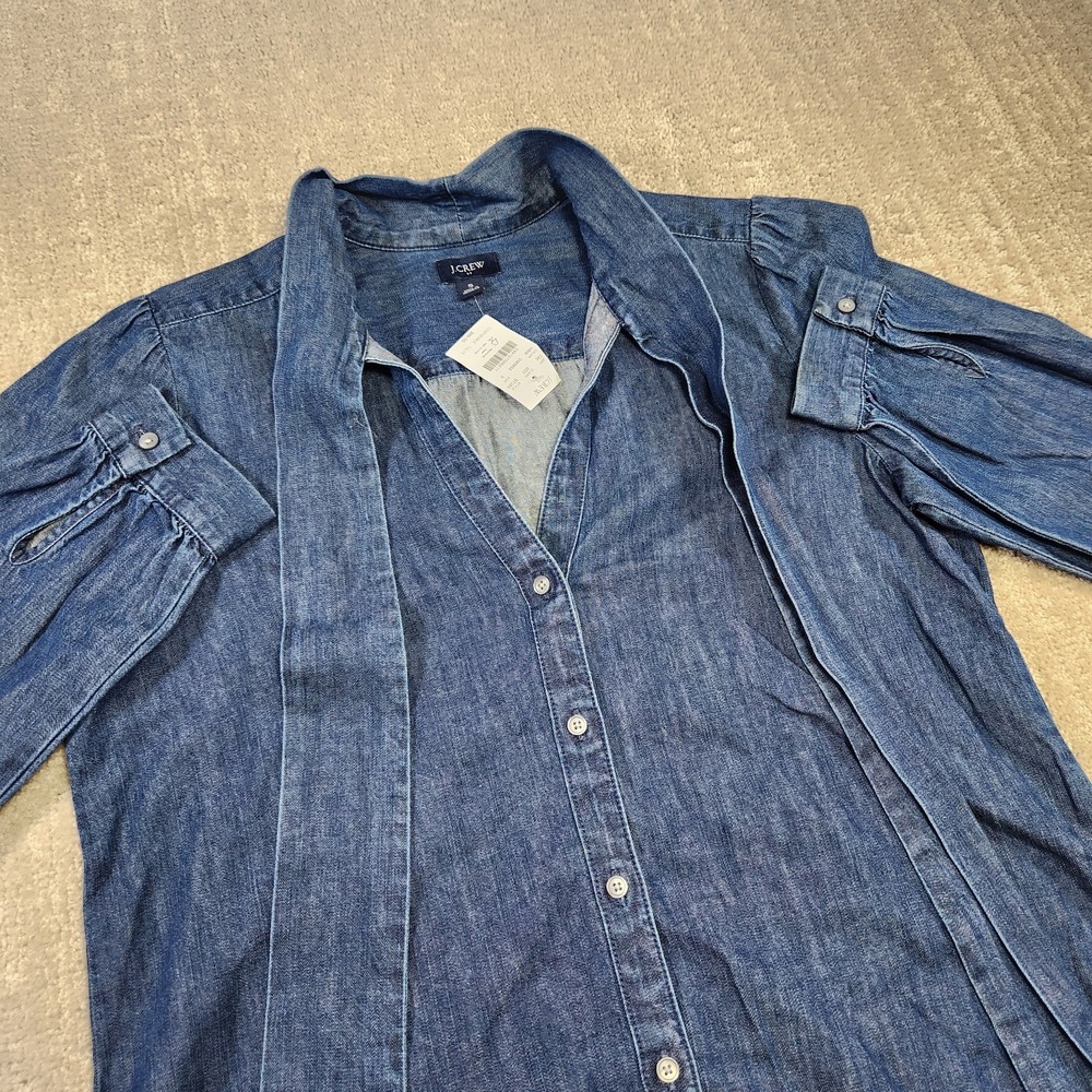 J Crew Denim Shirt Womens Small Blue Bow Tie Neck Blouse NEW Button Up Western